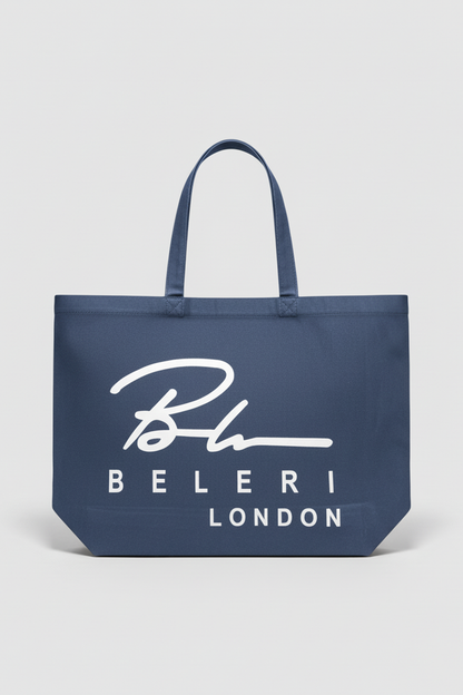 Indigo blue tote bag with Beleri London white logo, structured base, twin handles