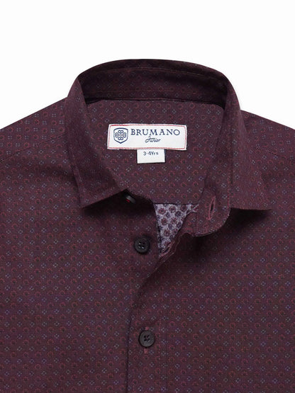 Maroon patterned cotton button-up shirt, front placket and neck label visible