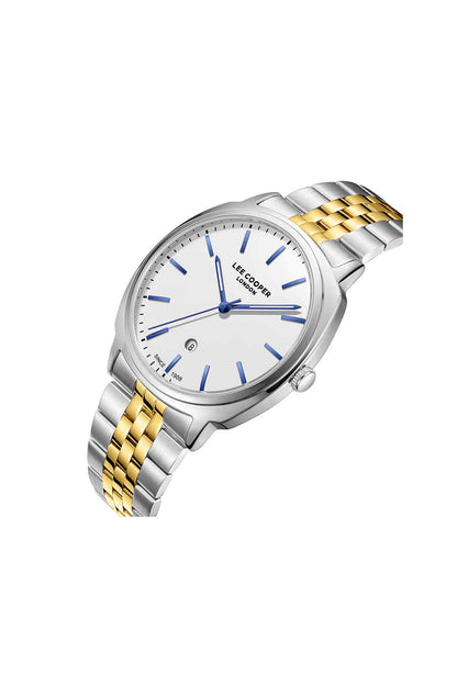 Lee Cooper two-tone wristwatch with blue dial, silver case, gold link band.