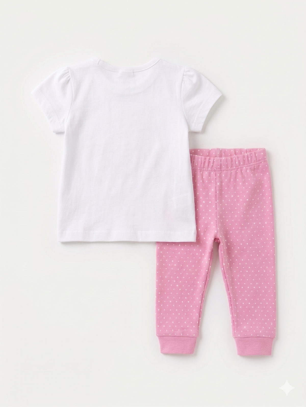 Plain white short-sleeve T-shirt with pink polka-dot jogger pants set