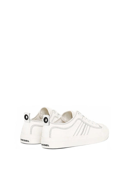 Diesel white low-top sneakers, heel and back view with logo patch and eyelets