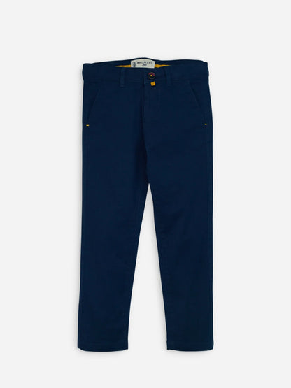 Dark blue cotton pants with belt loops and front button closure