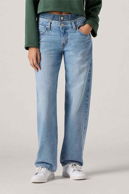 Levi's light blue denim jeans with straight wide-leg fit, button fly and belt loops