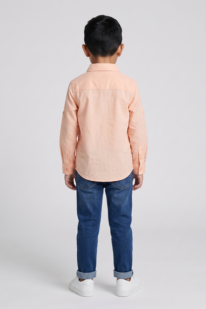 Kids peach button-up shirt from behind, long sleeves and back yoke