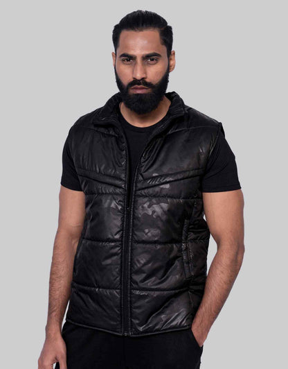 Bodybrics camo black hooded puffer vest front view with full zip