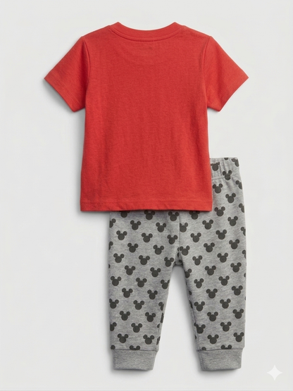 Red short-sleeve T-shirt and grey Mickey pajama pants set, flat lay