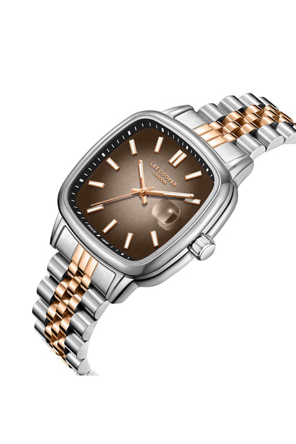 Lee Cooper watch angled view with dark dial, rose gold accents, silver metal strap