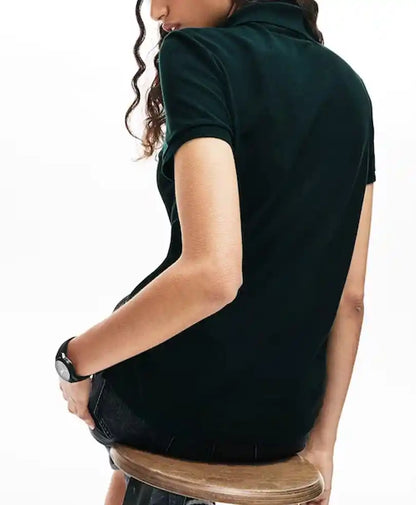 Dark green fitted polo shirt back view with short sleeves and curved hem