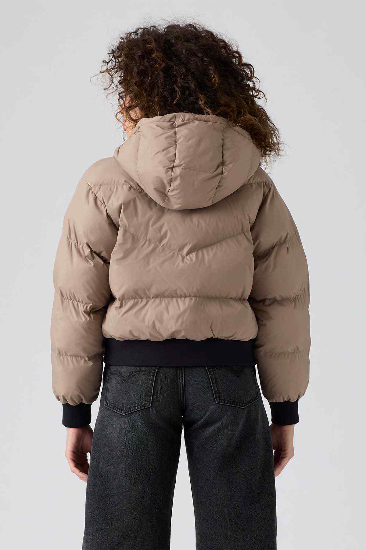 Levi's khaki puffer jacket, back view with zip closure and rib cuffs