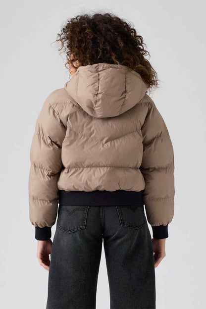 Levi's khaki puffer jacket, back view with zip closure and rib cuffs