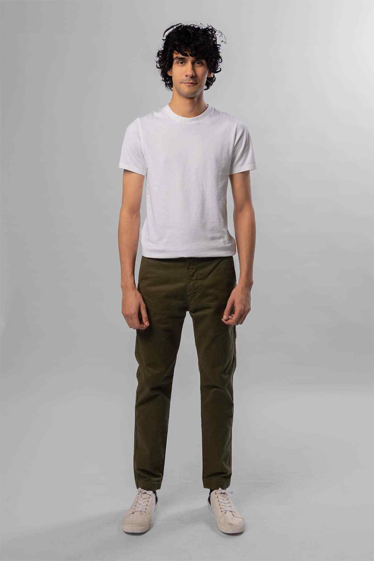 Olive green pants from front with belt loops and front pockets