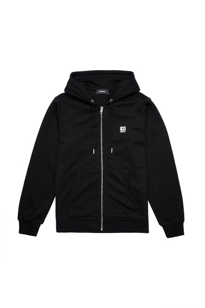 Black zip-up hoodie with drawstring hood and front zipper
