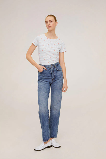 MANGO heart-print short-sleeve T-shirt with crew neck, light base and red hearts
