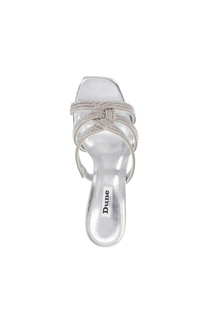 Dune London silver heeled sandal with rhinestone cross straps and toe ring