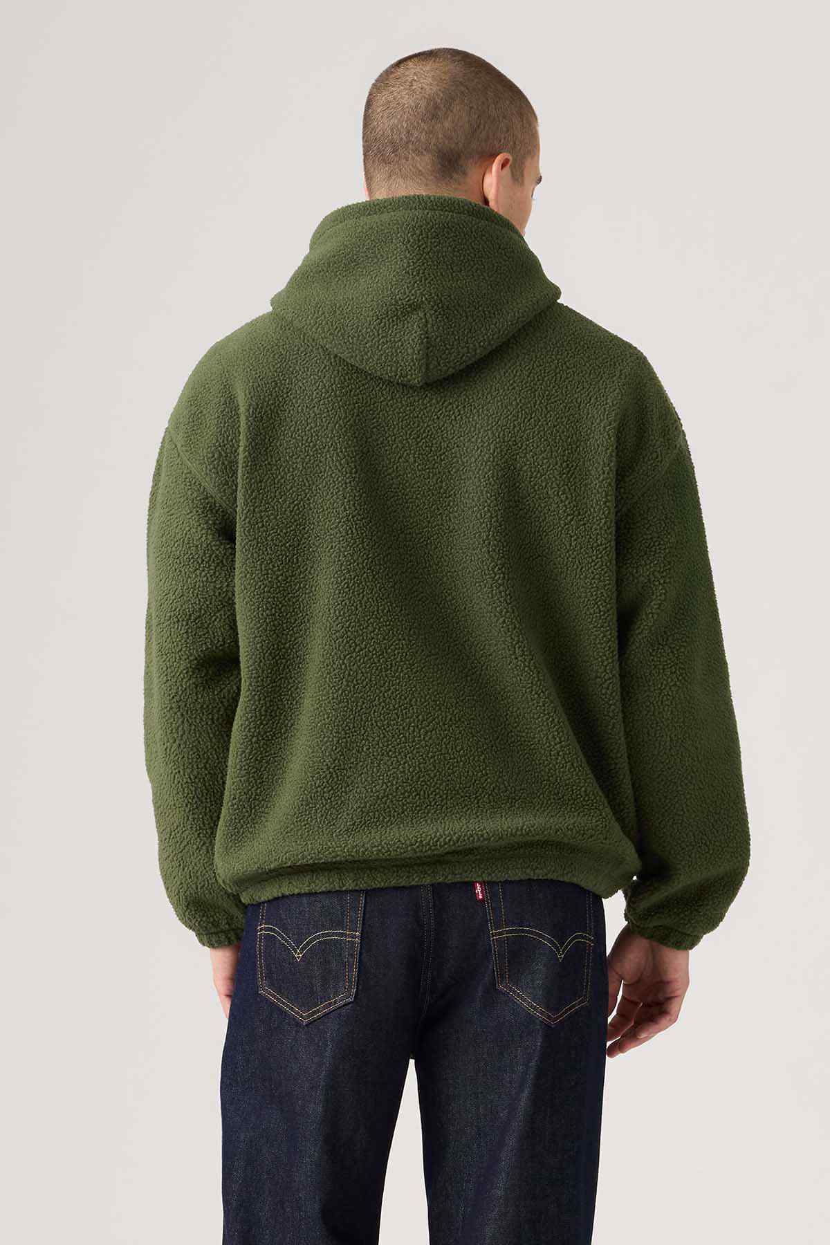 Levi's dark green fleece pullover hoodie, back view, with hood and kangaroo pocket