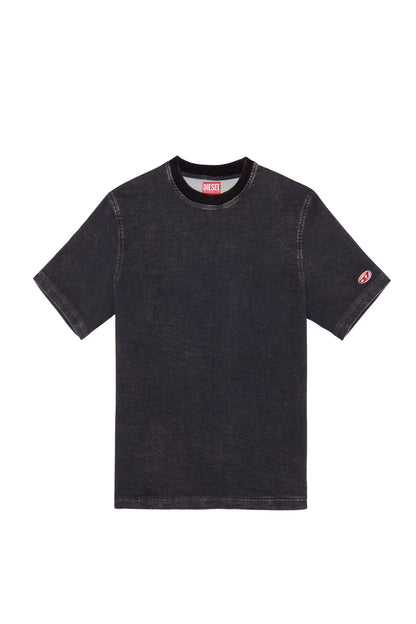Charcoal crew-neck T-shirt with red logo patch on sleeve, short sleeves