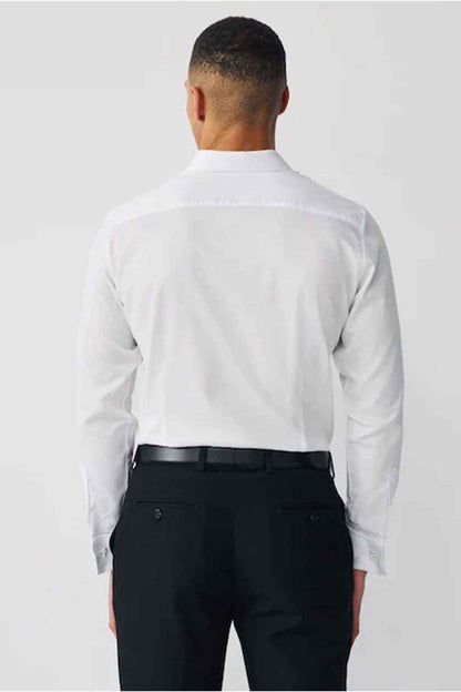 White dress shirt back view with long sleeves, button-front, and collar