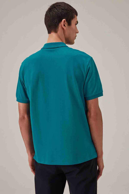 Men's teal blue polo shirt back view with short sleeves and collar