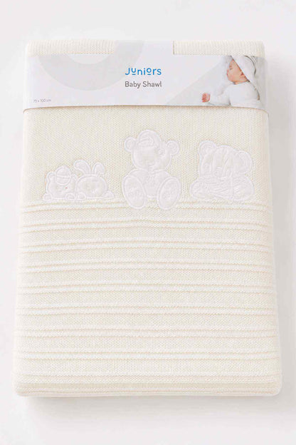 Cream baby shawl blanket with teddy bear applique and horizontal ribbed stripes
