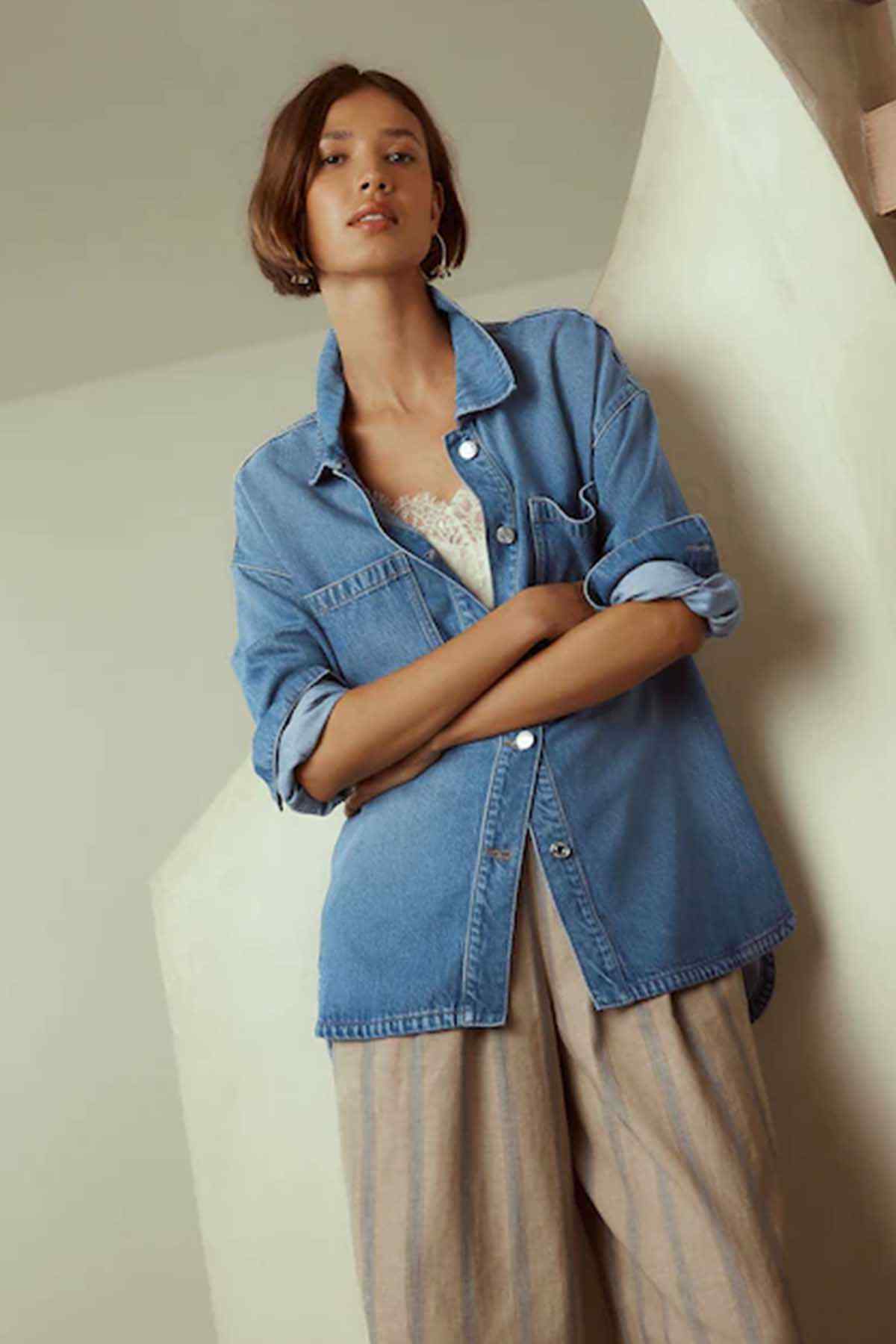 Next mid blue denim jacket with pointed collar, button details, and chest pockets