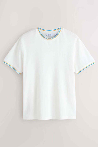 Ecru short-sleeve T-shirt on hanger, round ribbed collar with contrast trim