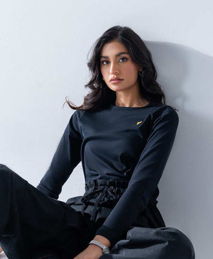 Navy fitted long-sleeve jumpsuit with gathered waist and drawstring; small chest logo