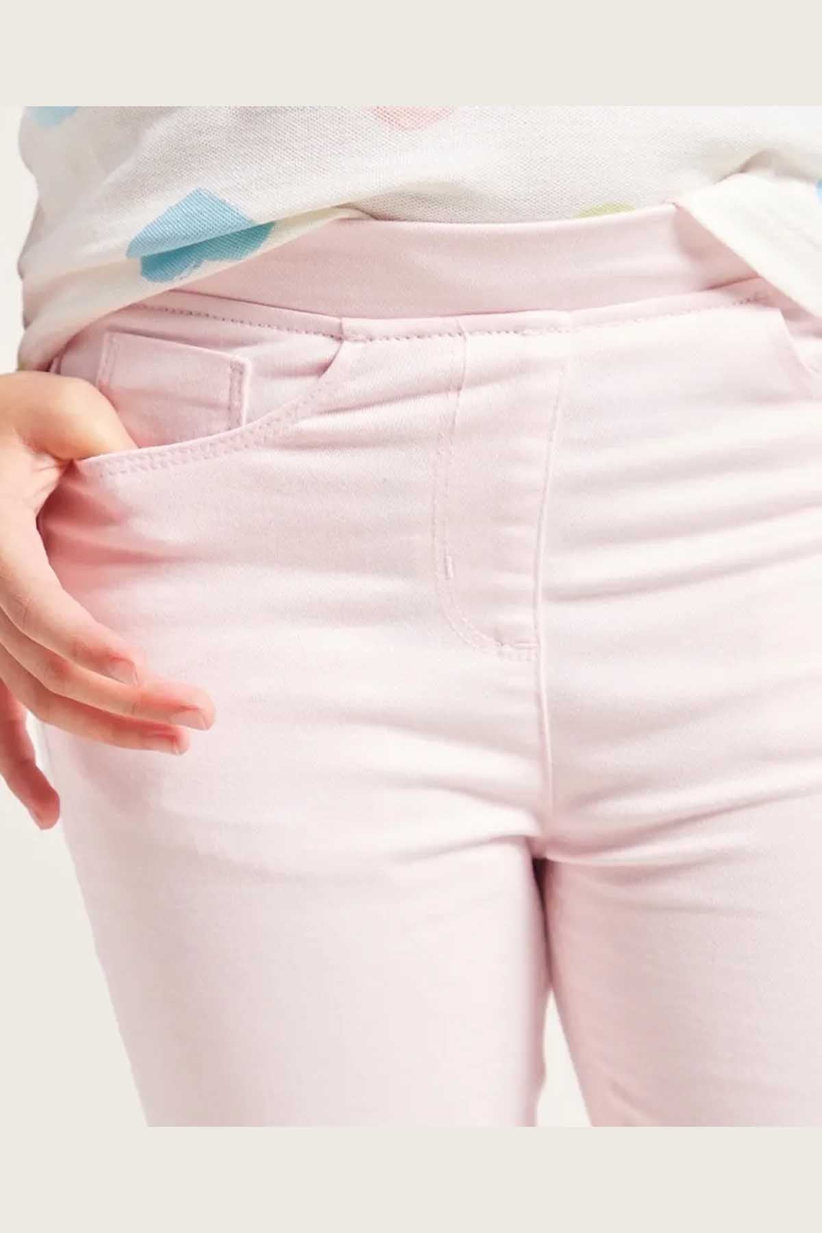 BABYSHOP pink baby pants with stitched seams and adjustable waistband, close-up