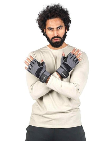 Pair of dark gray fingerless training gloves with padded knuckles and wrist closures