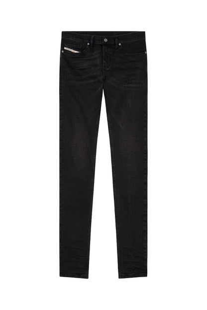 Black denim jeans, full length with front button and belt loops