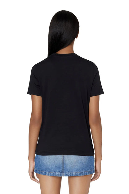 Black crew-neck graphic T-shirt, back view, short sleeves.