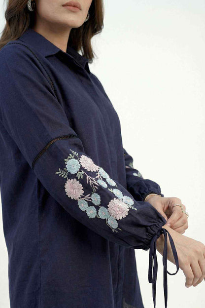 Navy blue tunic shirt sleeve with floral embroidery and black drawstring tie detail
