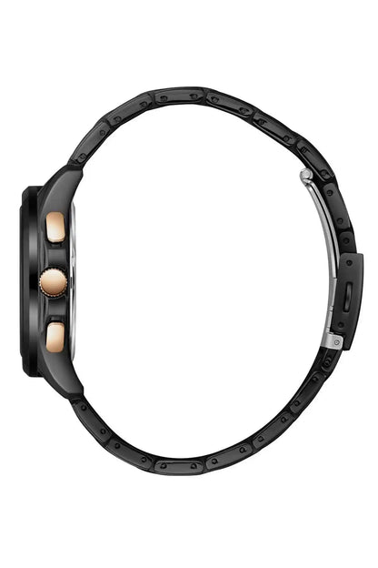 Black watch with metal case and black link strap, side profile with crown