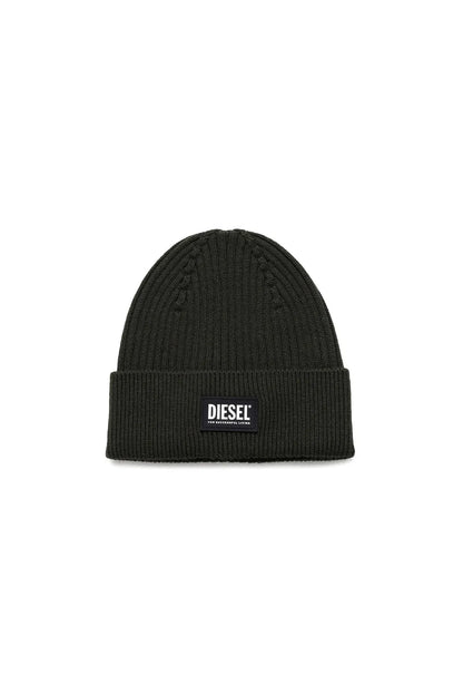 Diesel dark green knit beanie with front logo patch