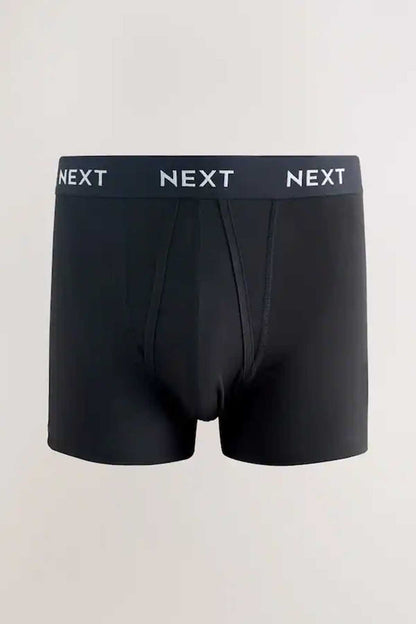 Men's boxer briefs in dark fabric with blue logo waistband and front fly