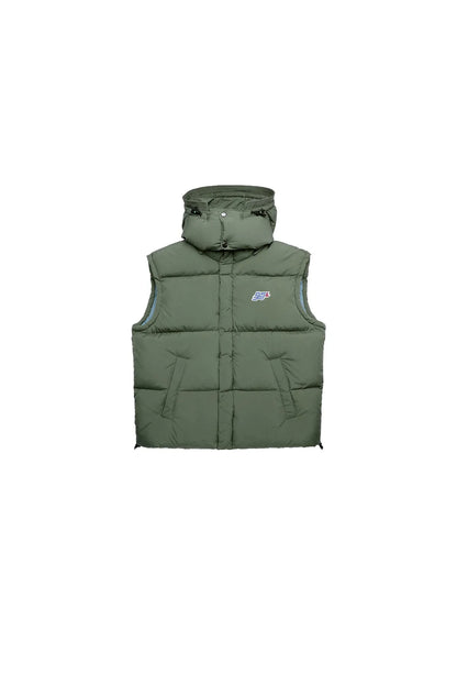 Diesel green hooded quilted vest with zip front and logo patch