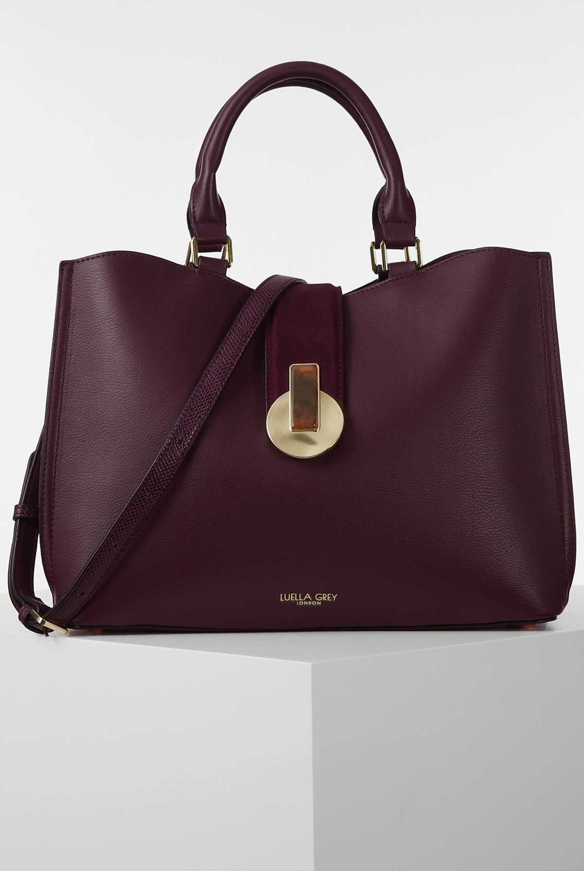 Luella Grey purple leather tote bag with top handles, front clasp, and shoulder strap