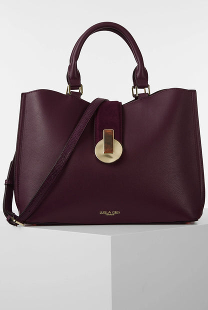 Luella Grey purple leather tote bag with top handles, front clasp, and shoulder strap