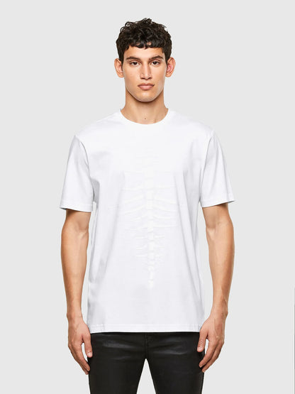 Men's white crew-neck T-shirt with short sleeves and subtle chest print