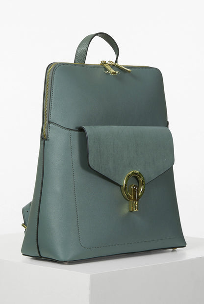 Green backpack with front flap and gold-ring clasp, side view with straps