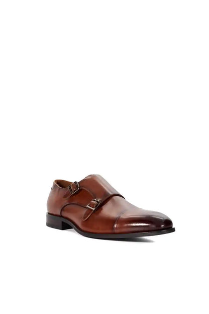 Dune London dark tan leather buckle loafer shoe, rounded toe, low block heel