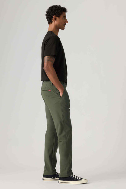 Levi's men's olive green straight-leg pants, side view with button closure