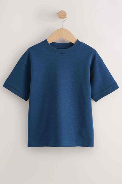 Navy kids T-shirt with short sleeves and crew neck, plain knit fabric