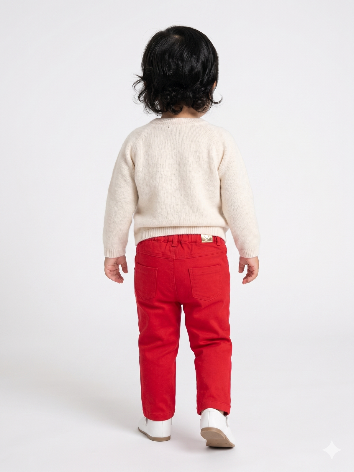 Baby pants in red, worn by child from behind with white cuffs