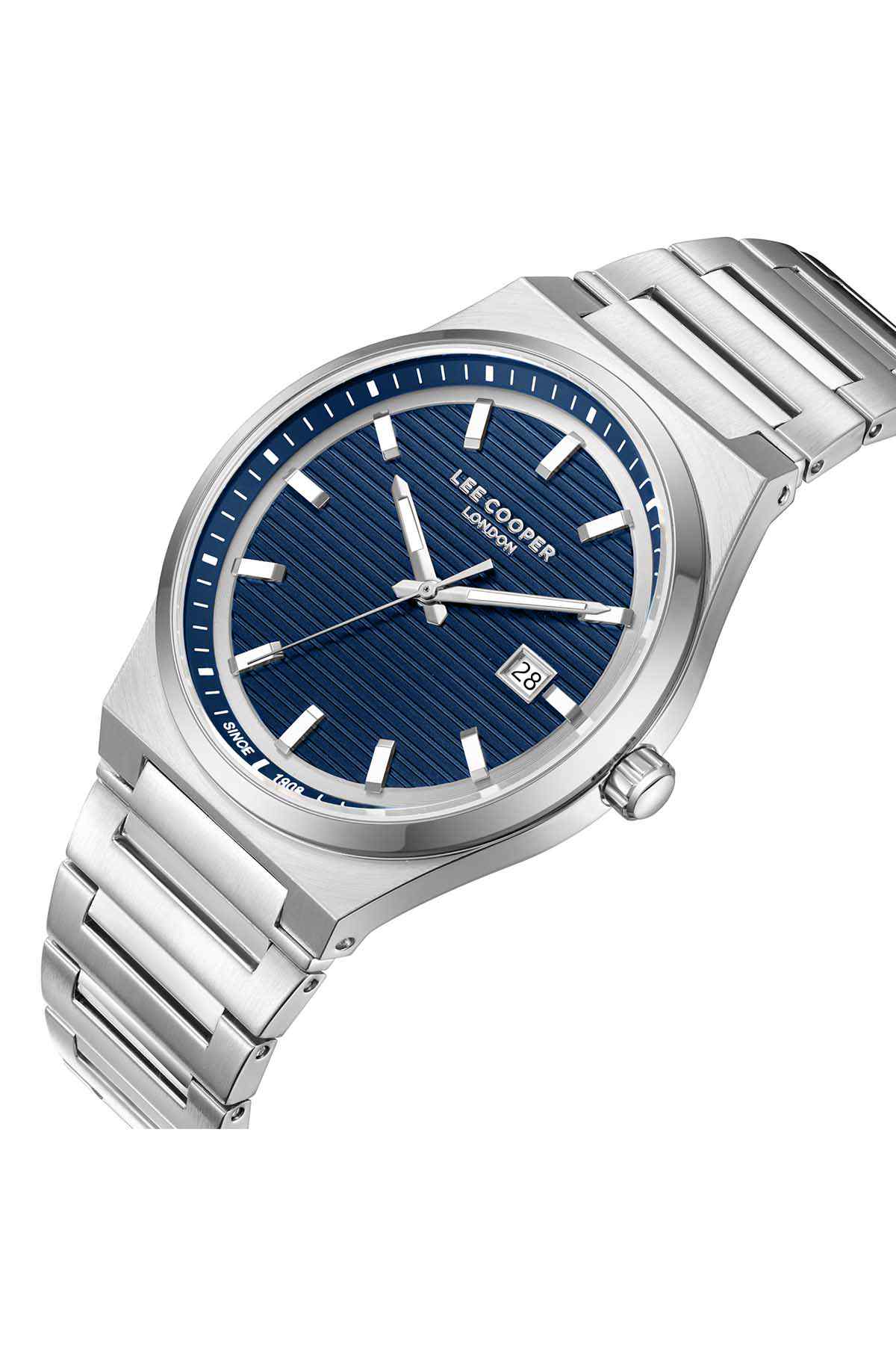 Lee Cooper watch angled view with blue dial, silver metal bracelet, and crown