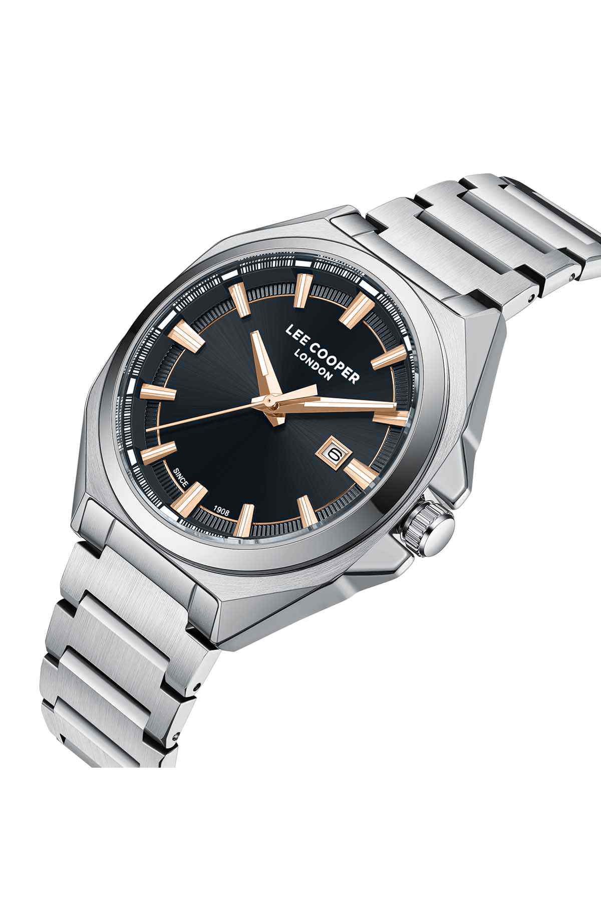 Men's wristwatch angled front view, silver case, black dial with gold markers