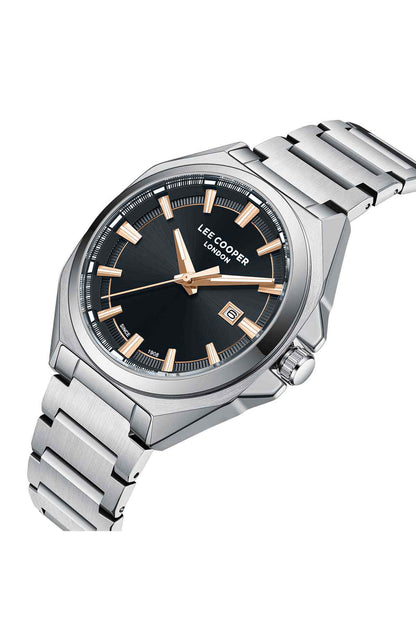 Men's wristwatch angled front view, silver case, black dial with gold markers