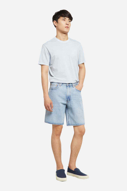 Light-wash denim shorts with belt loops, button fly, relaxed knee-length fit