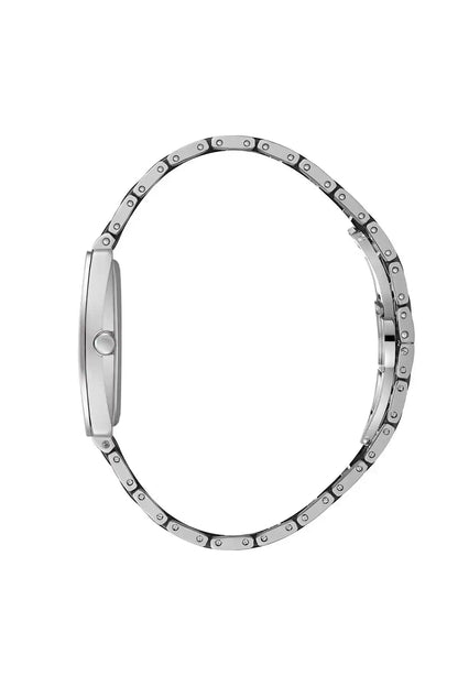 BHPC watch band with silver metal links and repeating black center bars