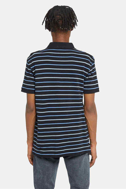 Navy-and-white striped polo shirt with short sleeves, back view