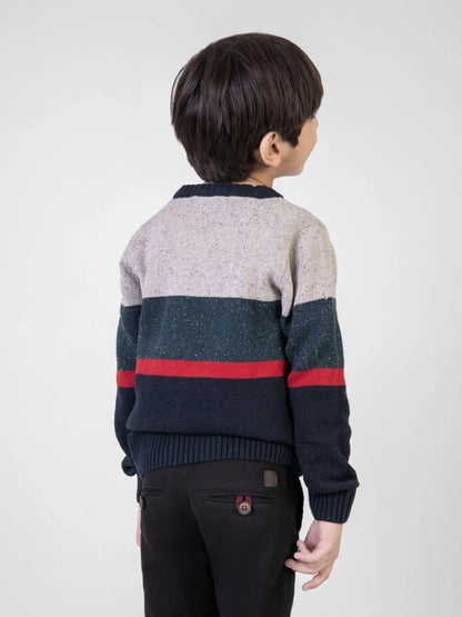Kids cotton sweater back view with navy yoke, speckled beige knit, and red stripe